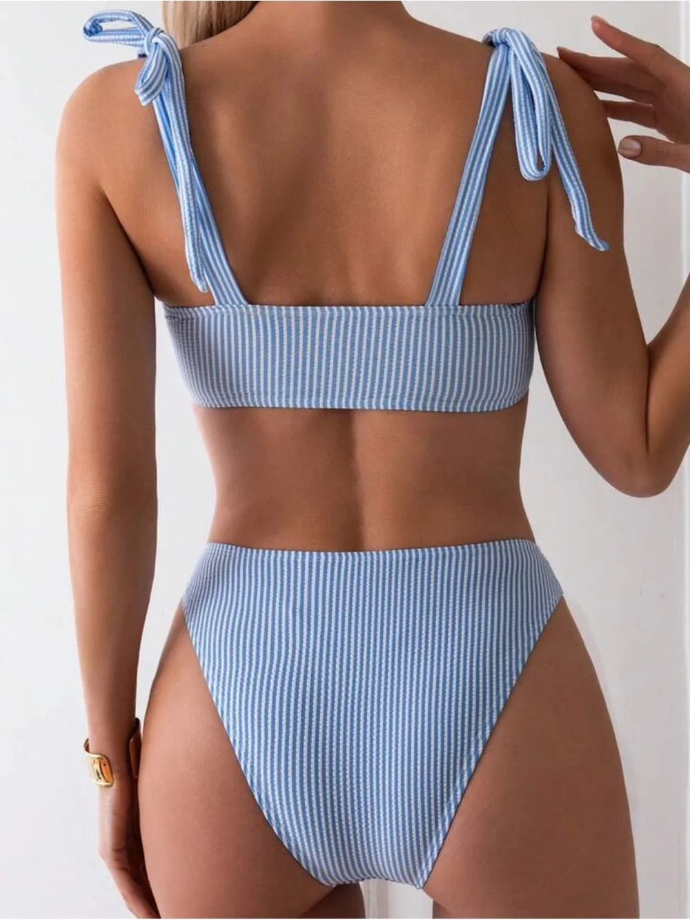 SHEIN Swim Mod Blue White Striped Shoulder Knot Bikini Set M